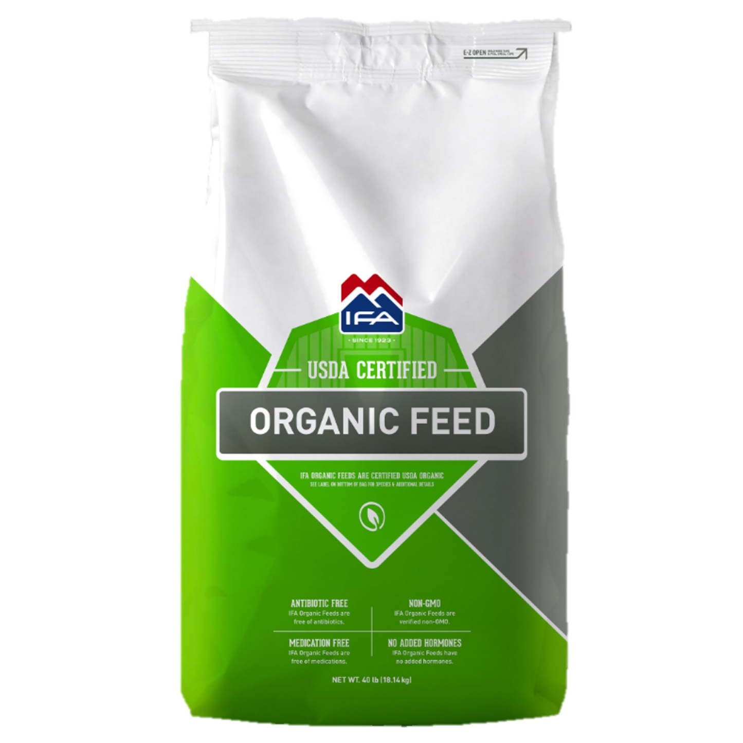 Bag of organic feed with USDA certification on a white background