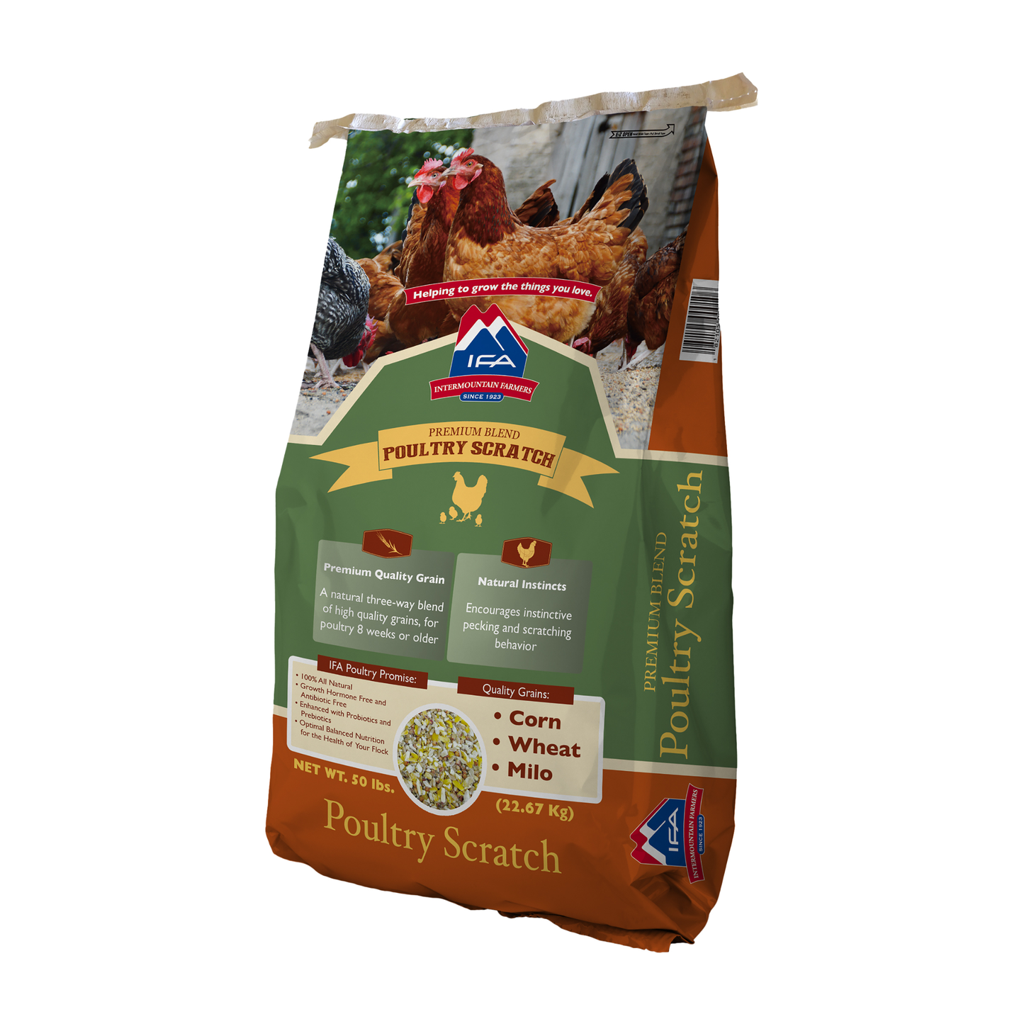 Bag of poultry scratch feed with chickens on a white background