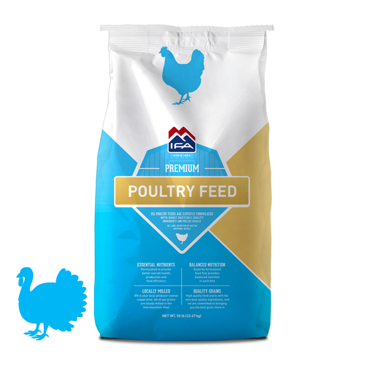 A blue and white back of IFA Premium Poultry Feed on a white background with a turkey on it.