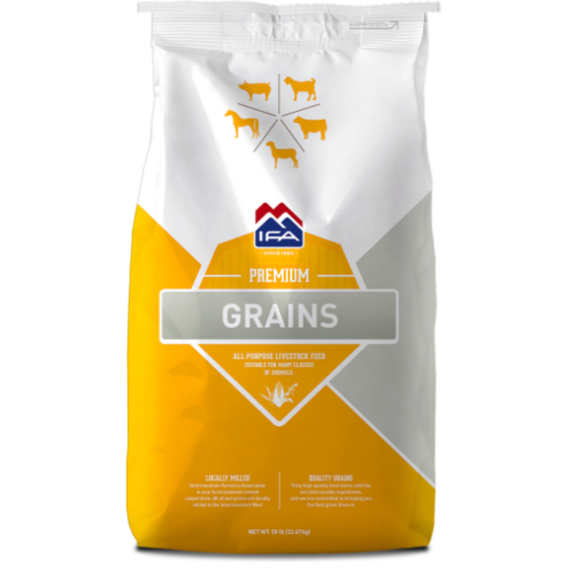 Bag of IFA Premium Grains feed on a white background