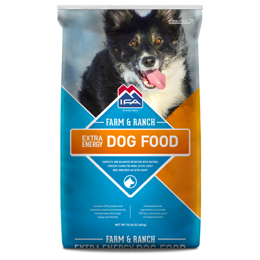 Bag of Farm & Ranch Extra Energy Dog Food with a dog on the packaging.