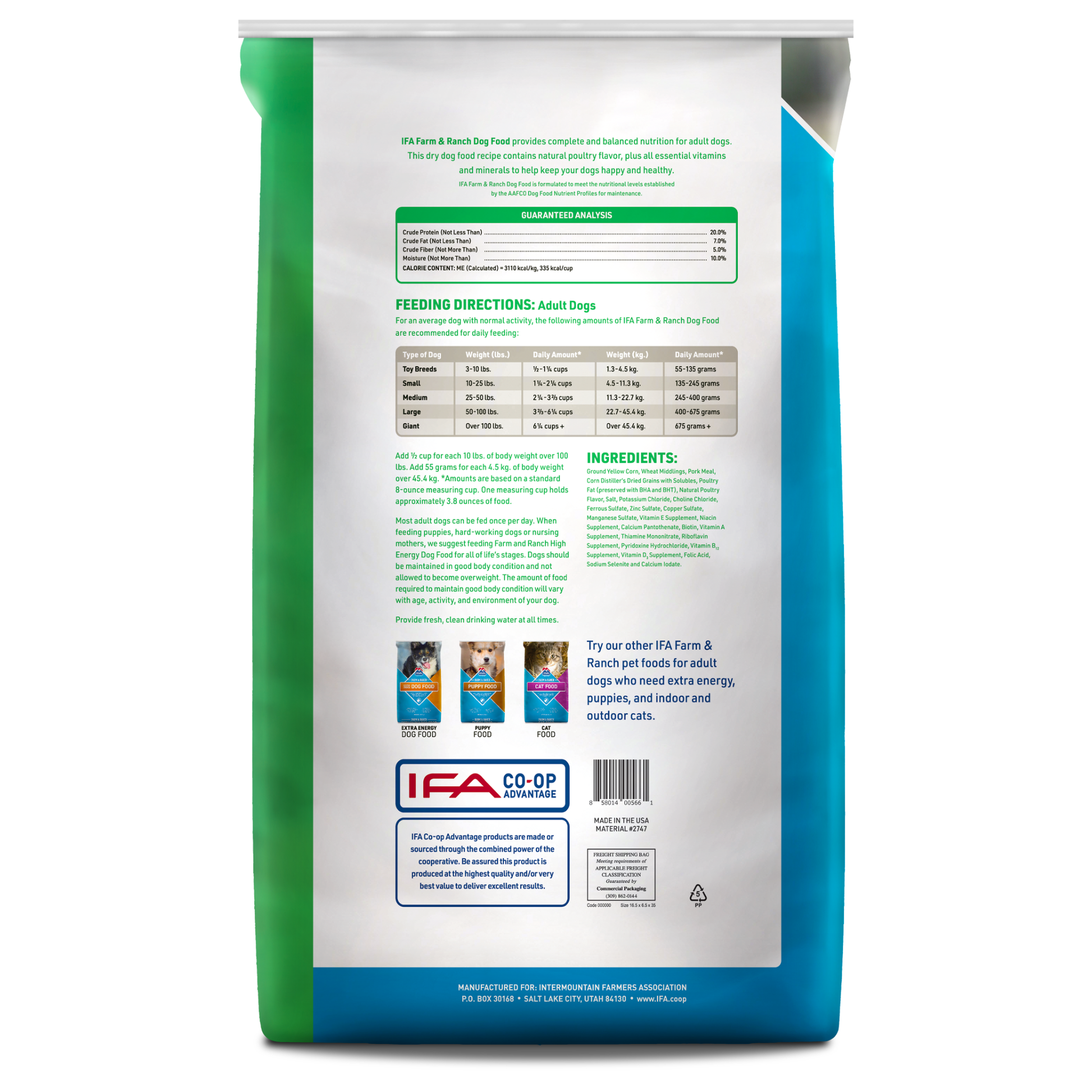 Back view of a blue and green pet food bag with text and branding.
