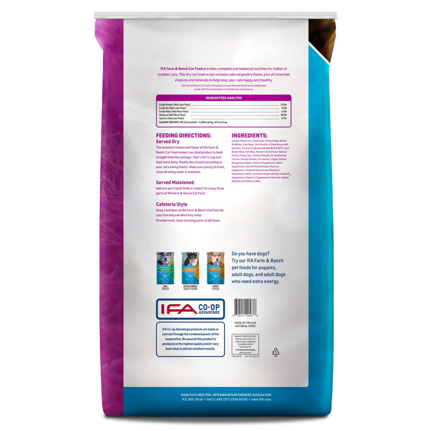 Back view of a pet food package with IFA branding on a white background