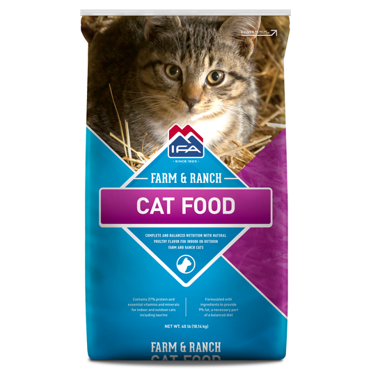 Bag of Farm & Ranch cat food with a cat on the packaging