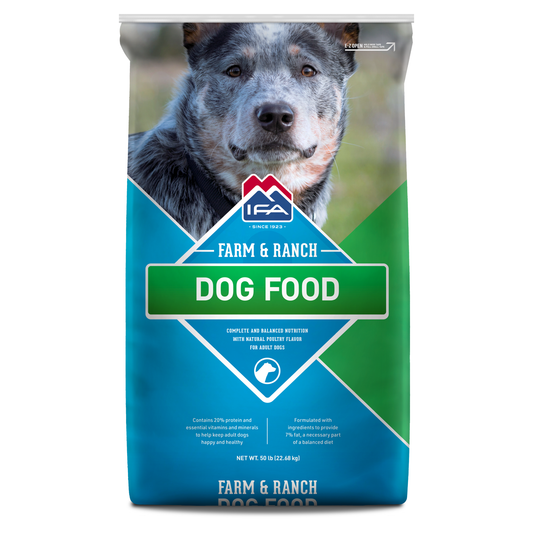 Bag of Farm & Ranch dog food with a dog on the label