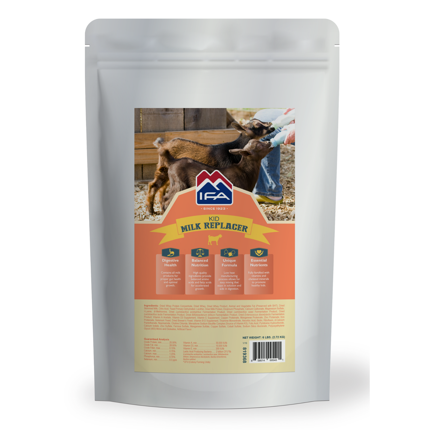 Metallic pouch with IFA Kid Milk Replacer label featuring images of goats.