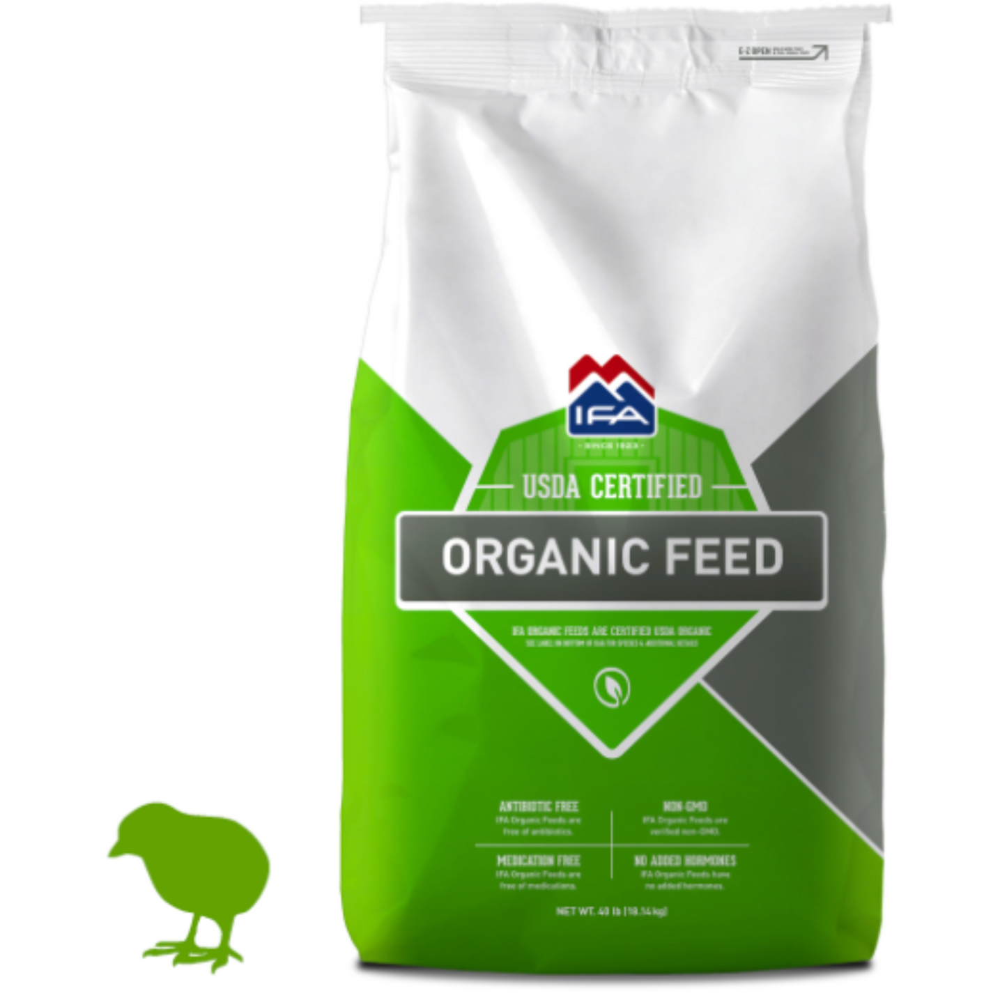 Bag of IFA Organic Feed with USDA certification on a white background