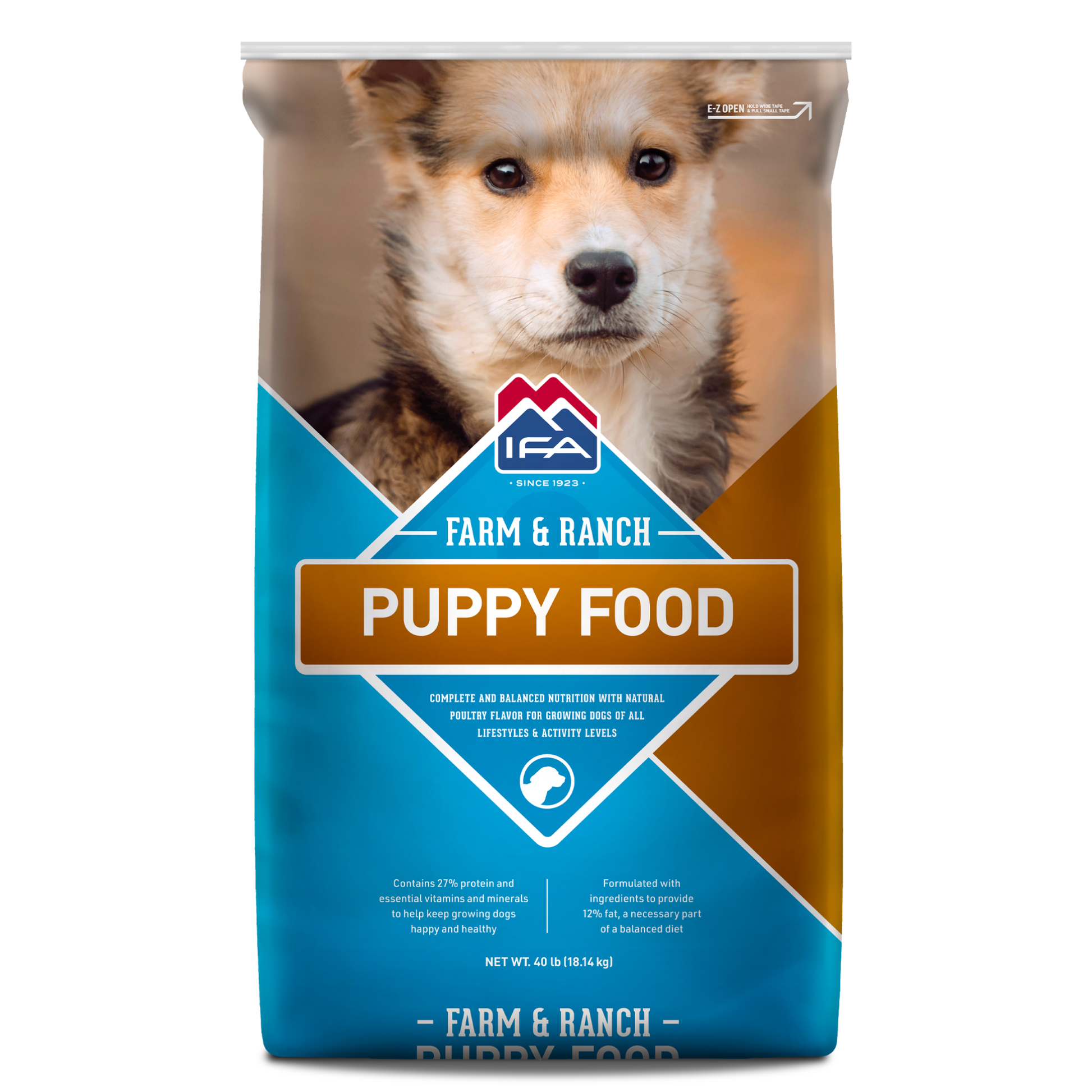 Bag of Farm & Ranch Puppy Food with a puppy on the label