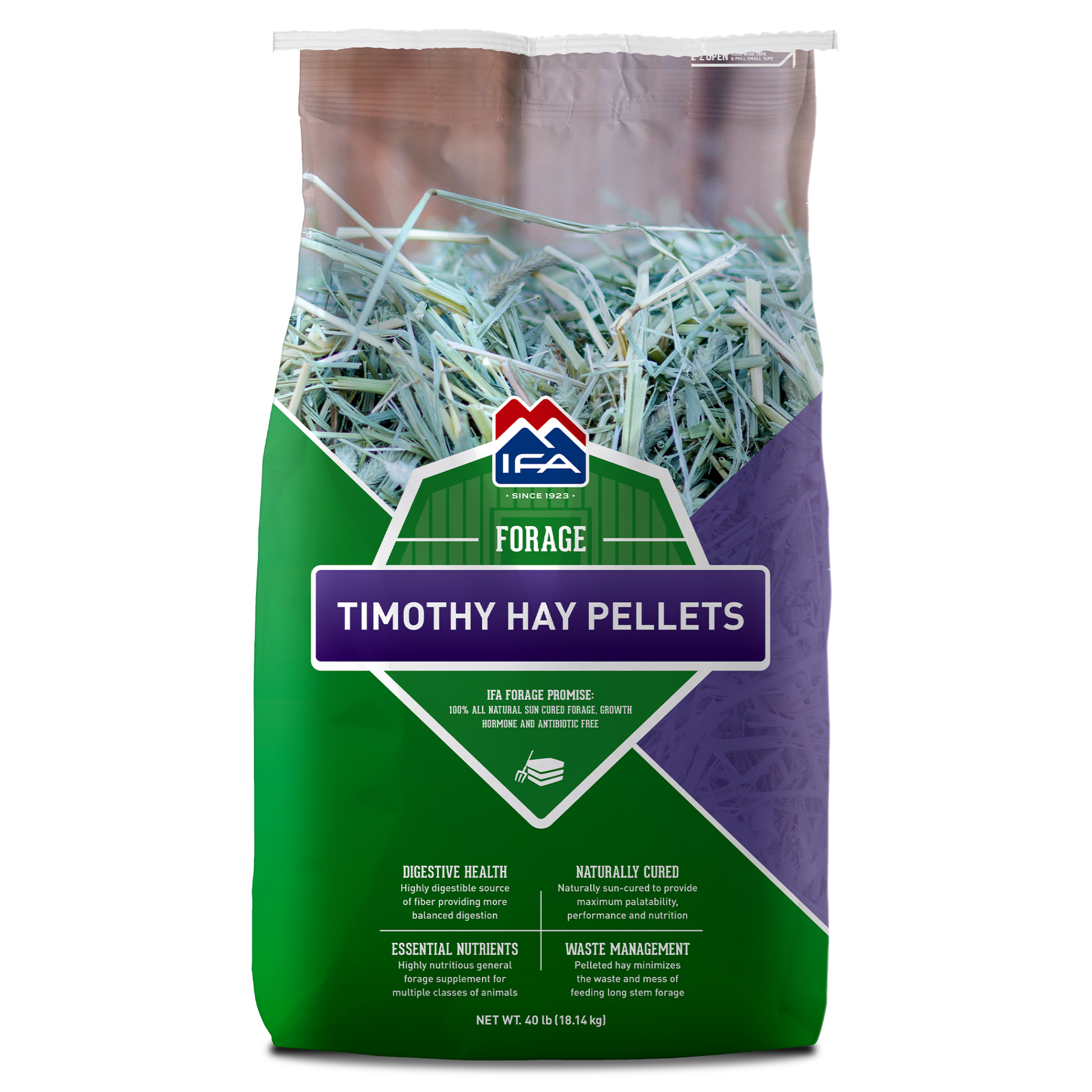 Bag of Timothy Hay Pellets with IFA logo on a white background
