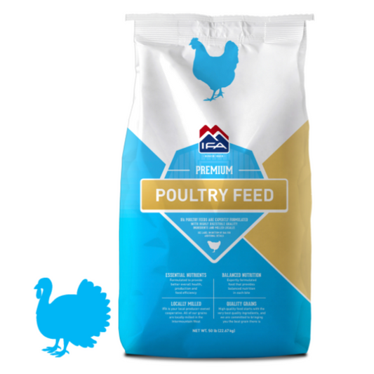 Bag of IFA Premium Poultry Feed with chicken and turkey illustrations on a white background
