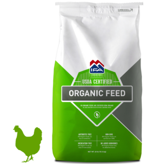 Bag of IFA USDA Certified Organic Feed with a chicken icon on a white background