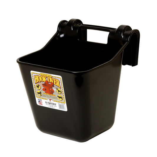 Black plastic hook over with a label on a white background
