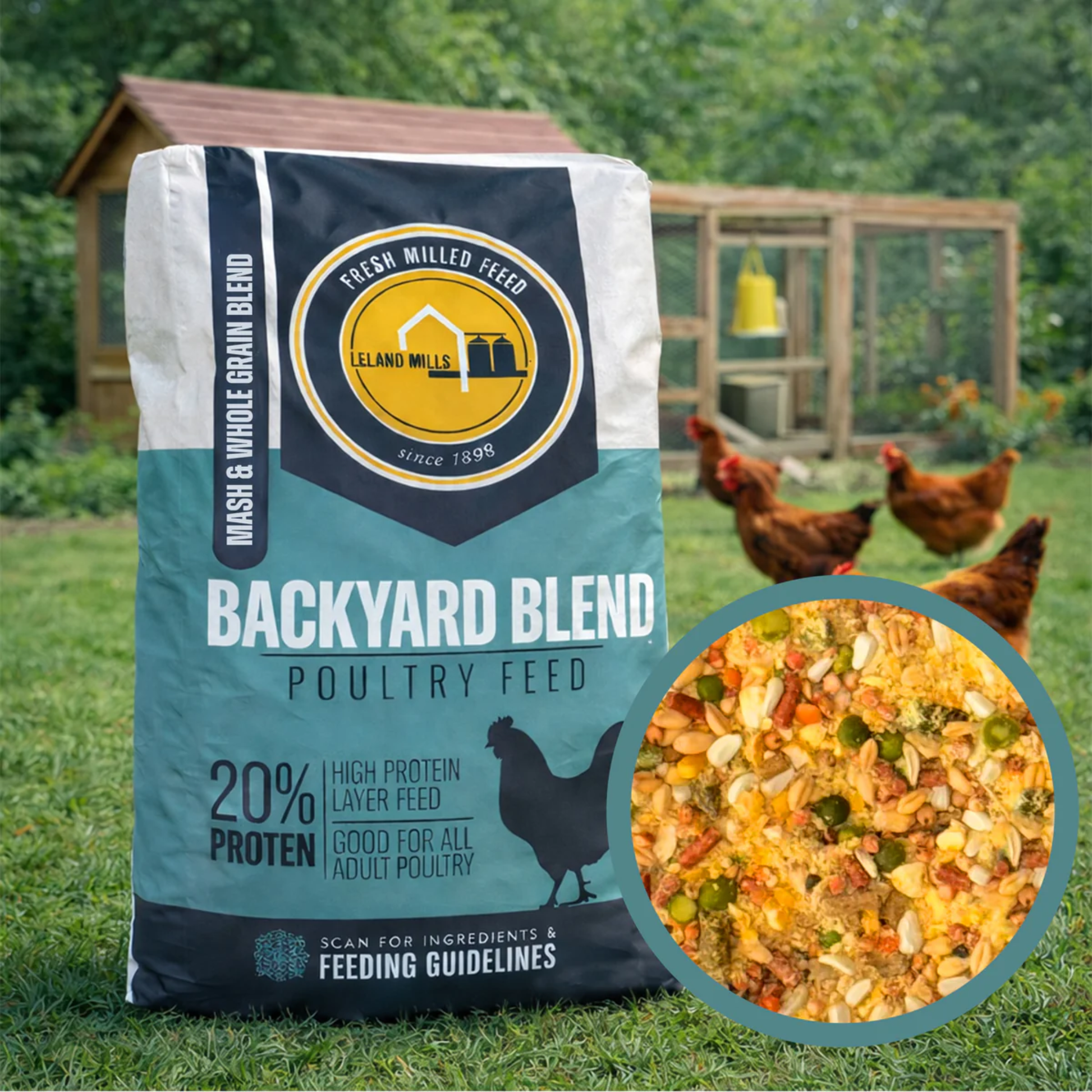 Bag of Leland Mills Backyard Blend Poultry Feed with chickens in the background