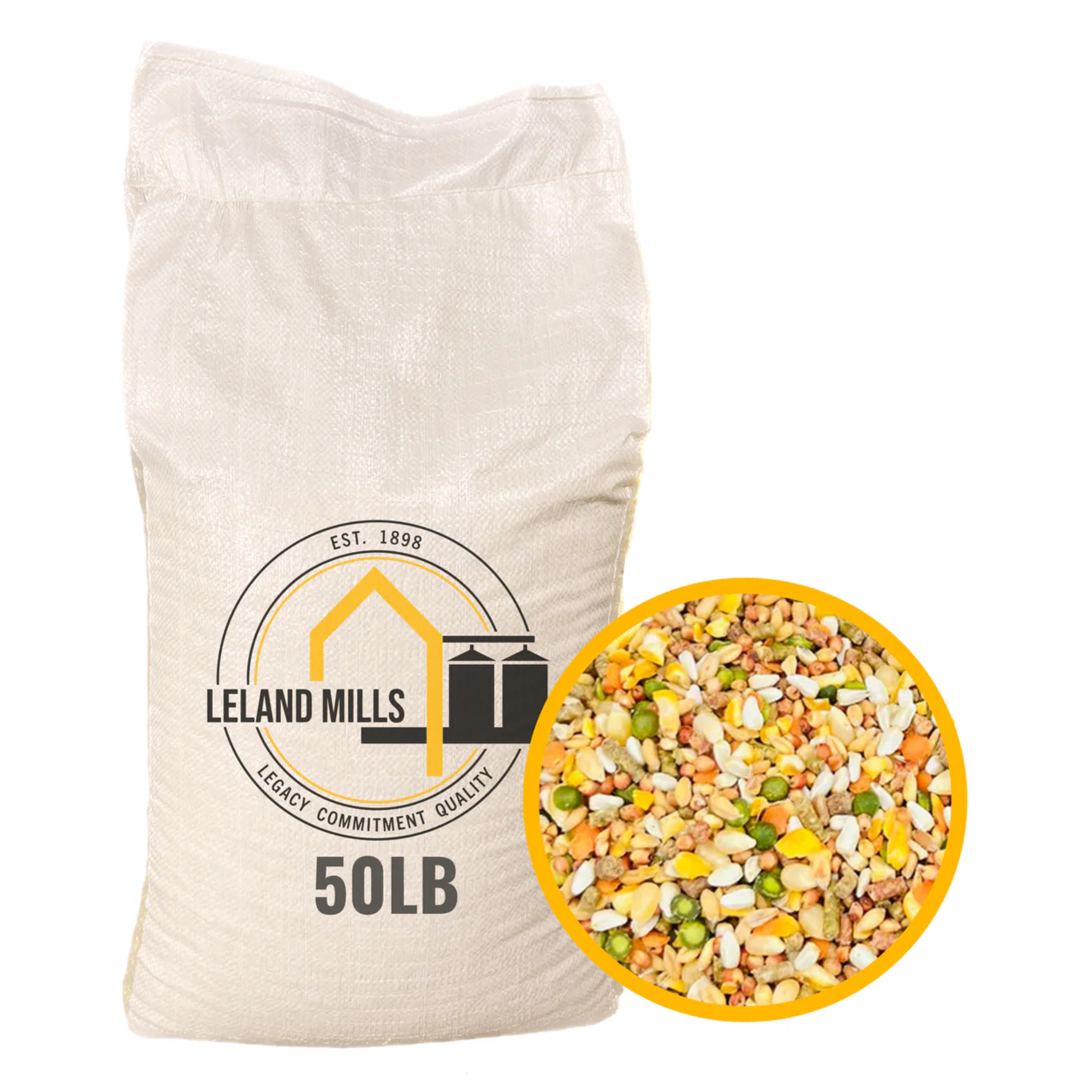 Bag of Leland Mills 50lb poultry feed mix with a close-up inset showing the contents.