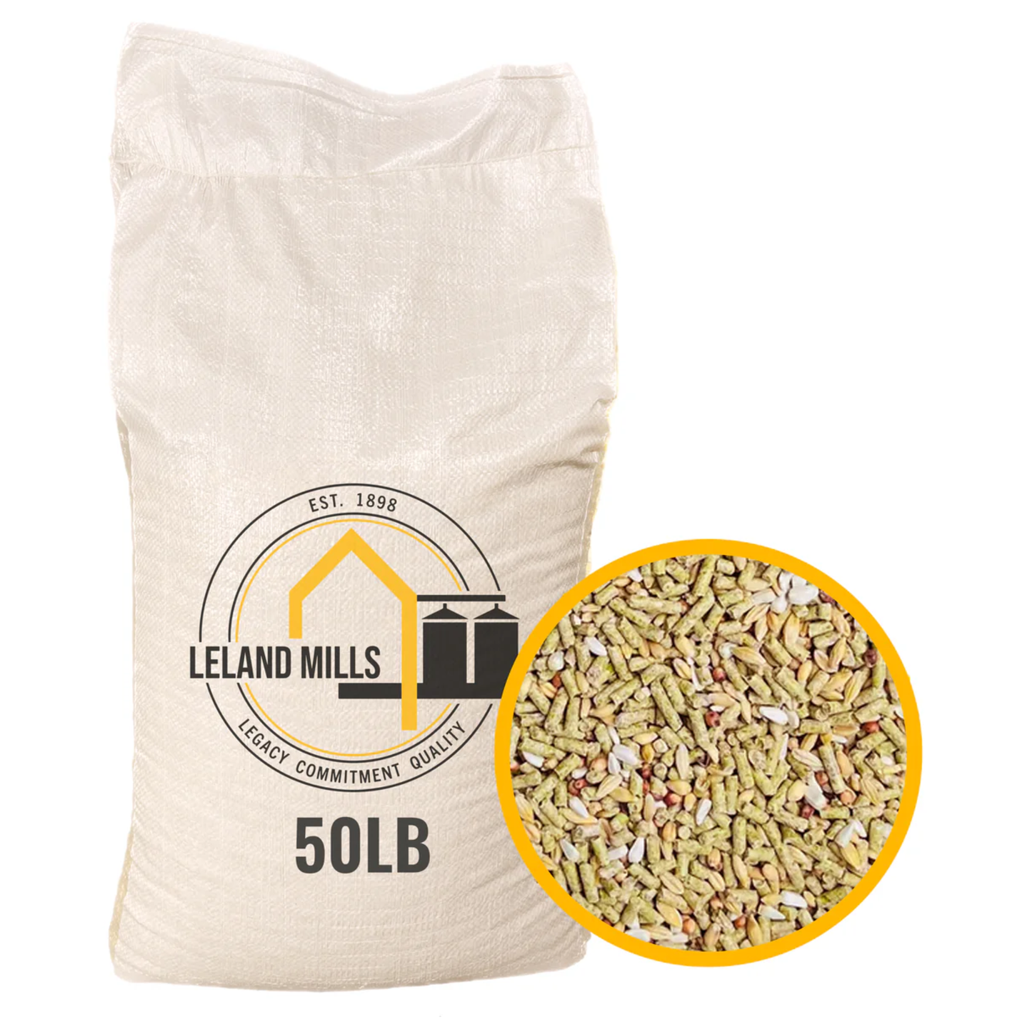 Bag of Leland Mills 50lb grain with a close-up inset of the grain inside.