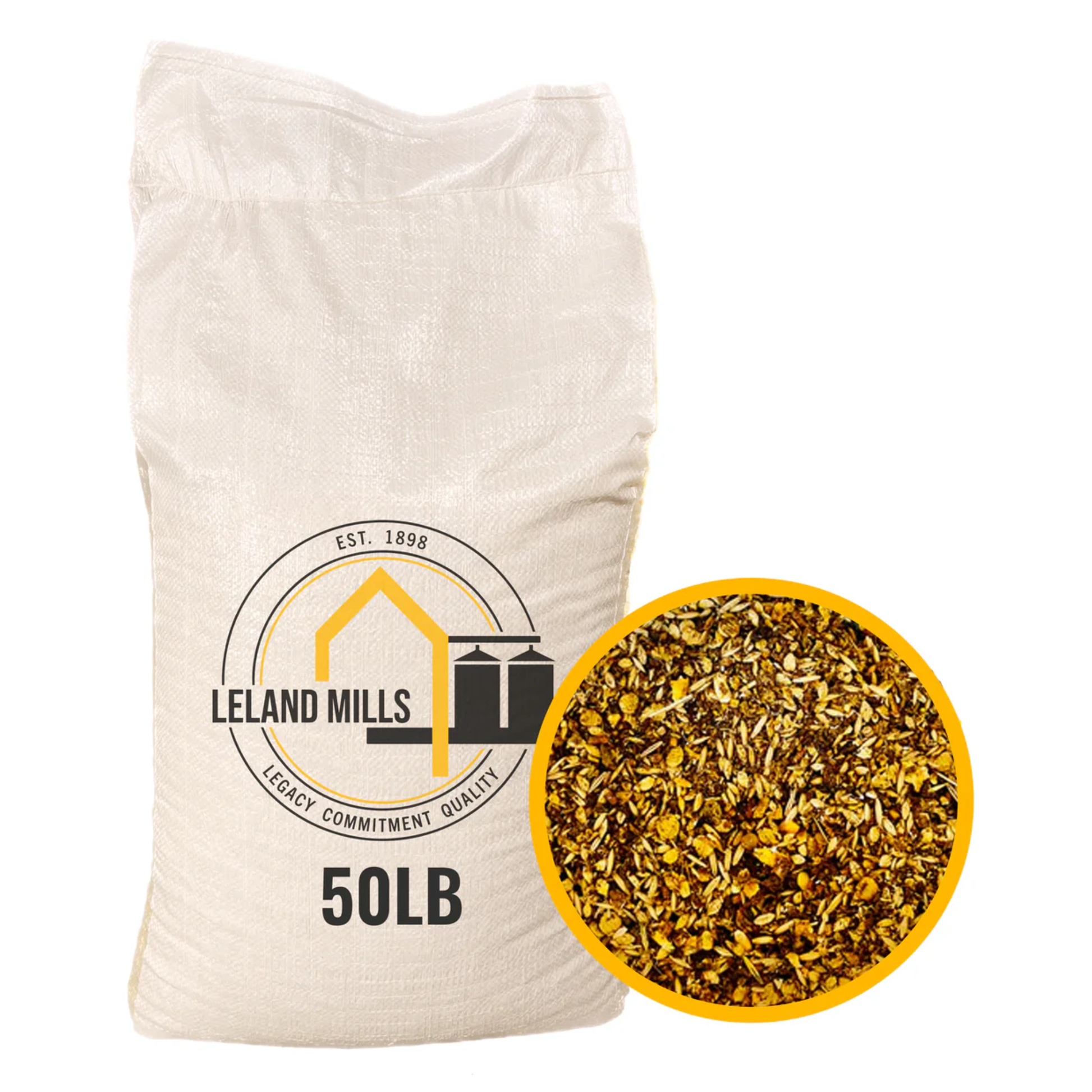 50lb bag of Leland Mills grain with a close-up of the grain inside on a white background