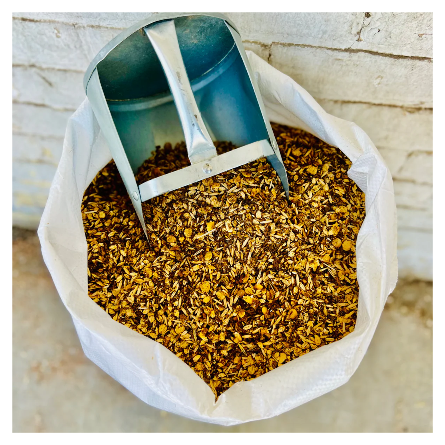 Metal scoop into a bag of Feed on a wooden surface