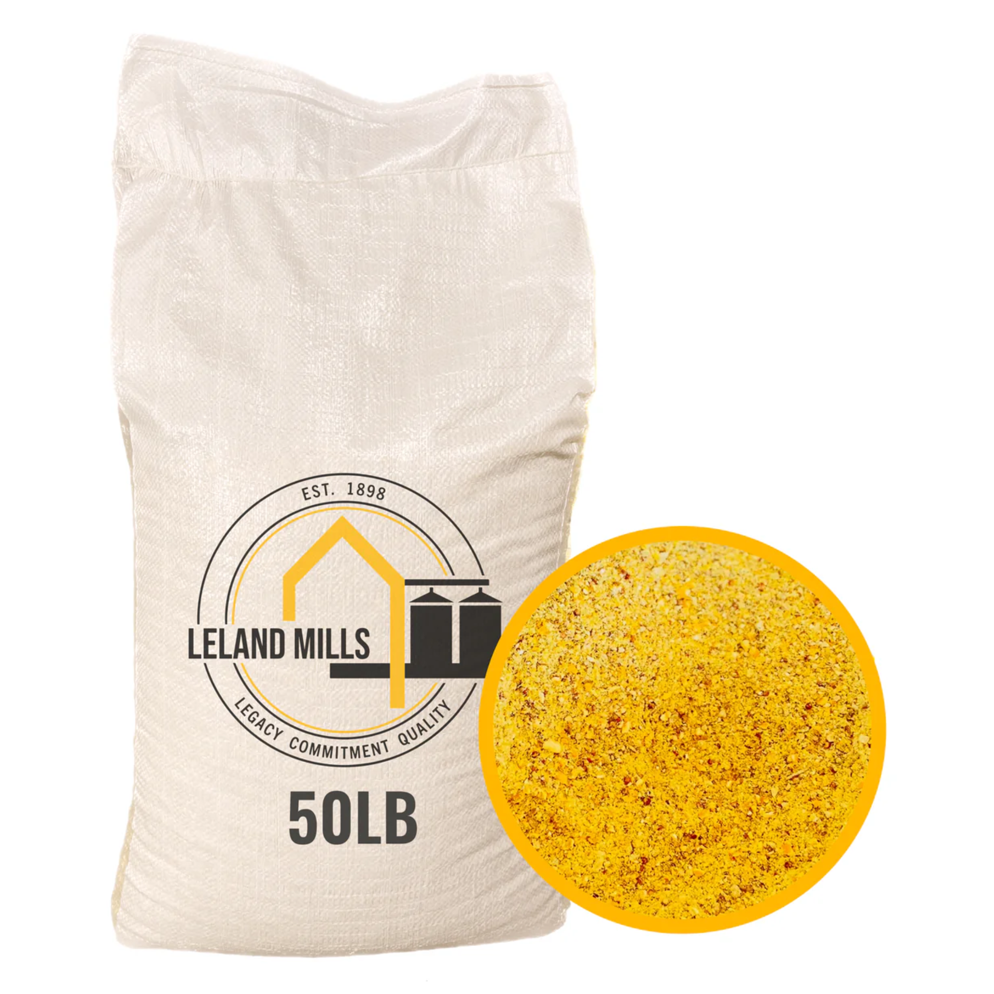 50lb bag of flour from Leland Mills with a close-up of yellow feed.