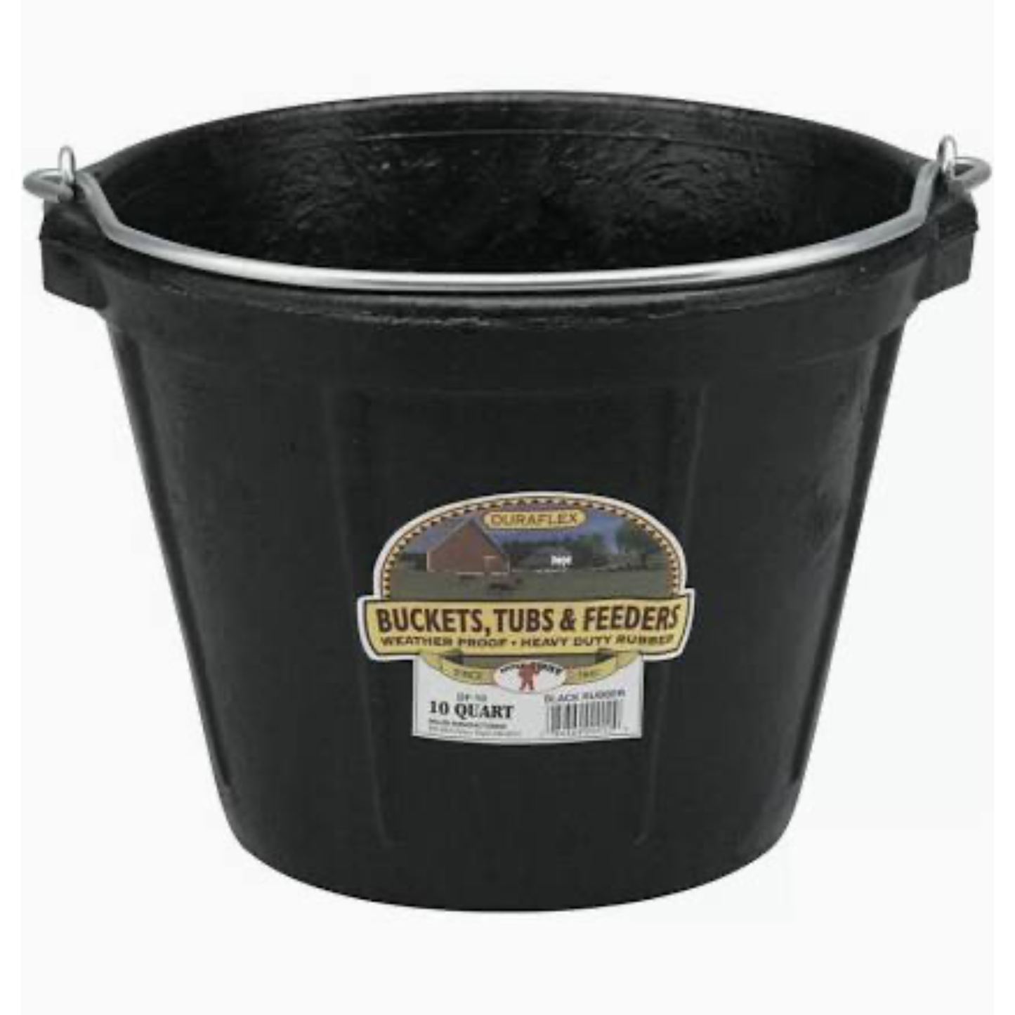 A black 10-quart plastic bucket with a silver metal handle, featuring a label for 'Duraflex Buckets, Tubs & Feeders'.