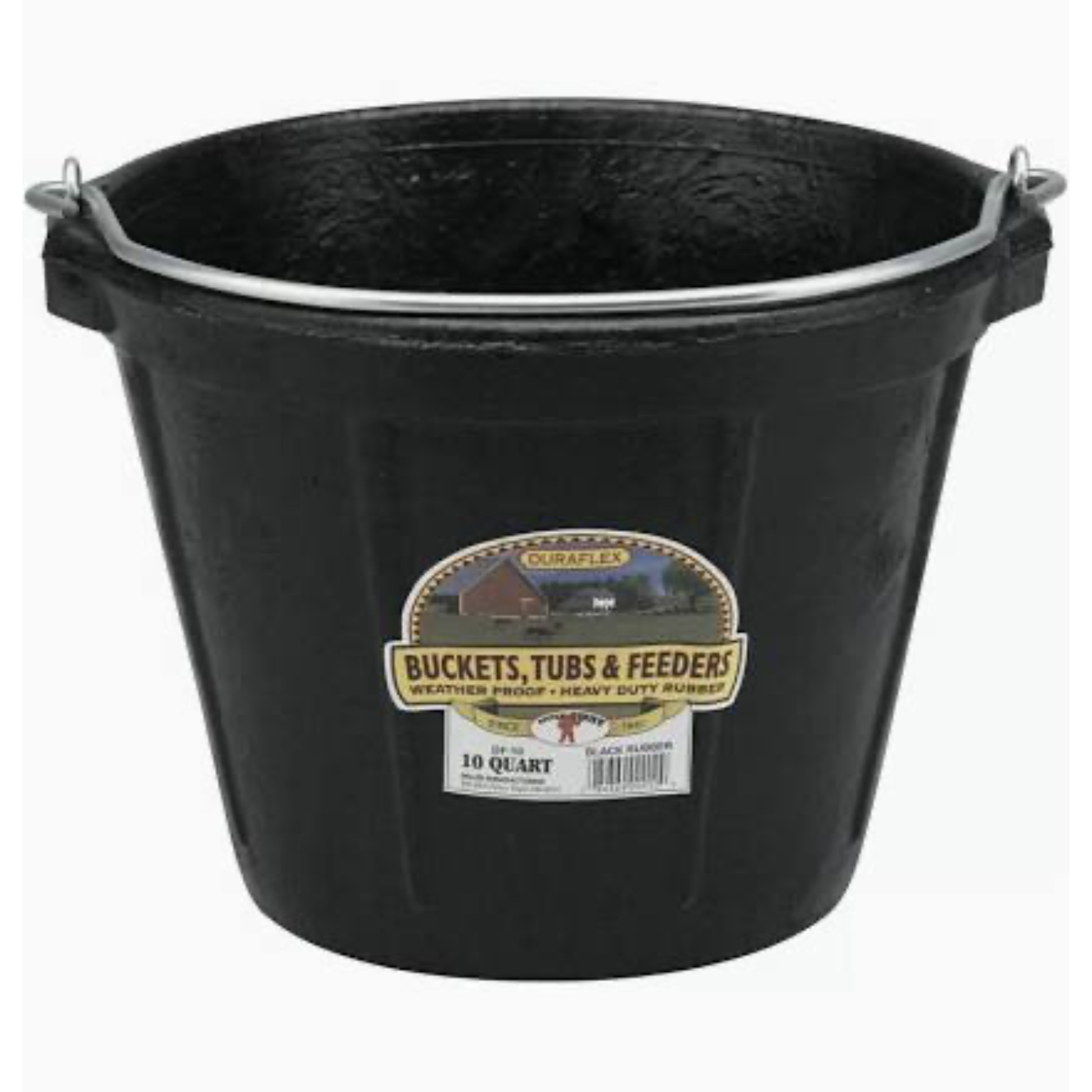 A black 10-quart plastic bucket with a silver metal handle, featuring a label for 'Duraflex Buckets, Tubs & Feeders'.