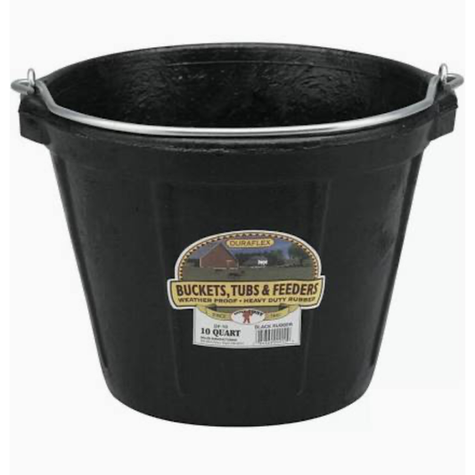 A black 10-quart plastic bucket with a silver metal handle, featuring a label for 'Duraflex Buckets, Tubs & Feeders'.