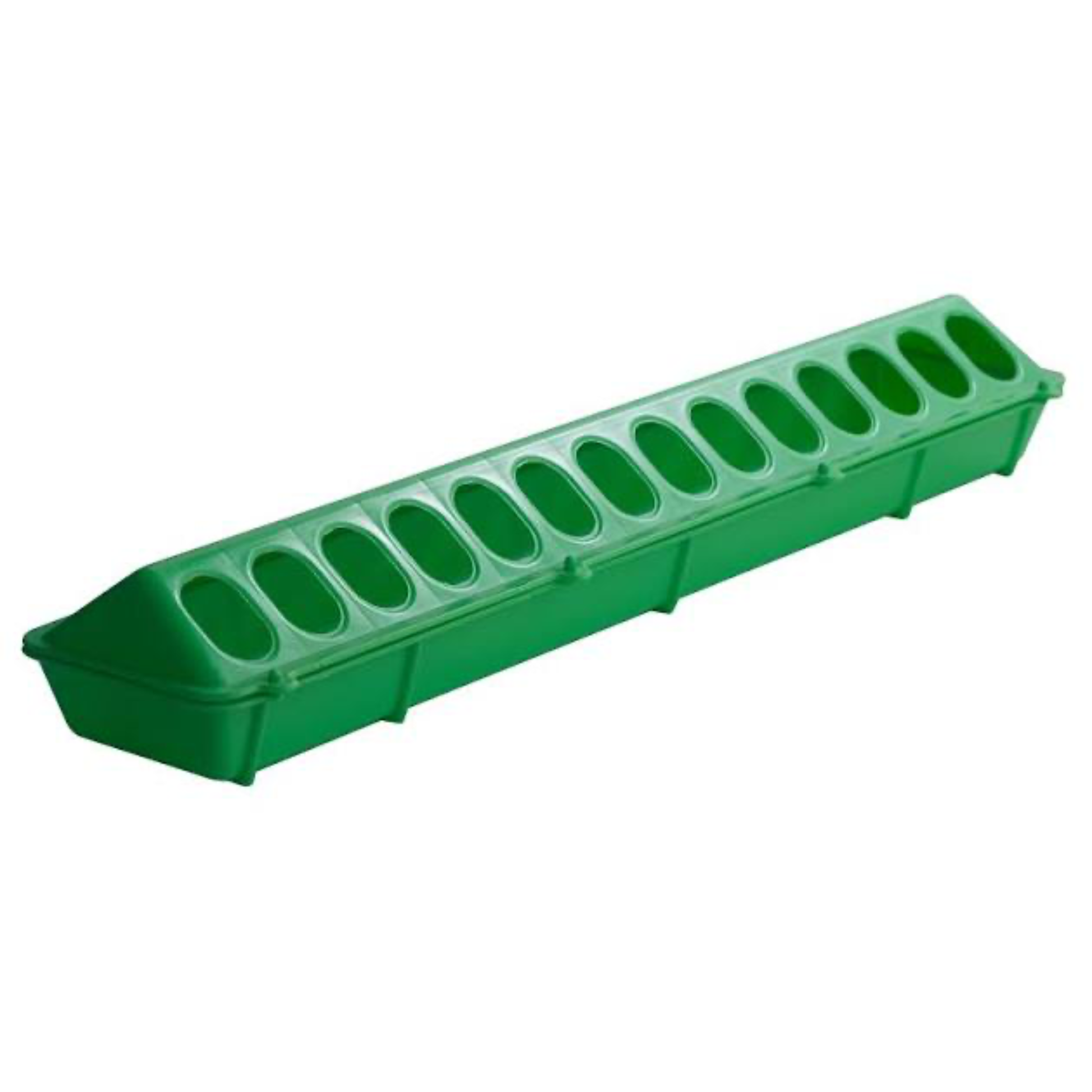 Green plastic feed trough on a white background