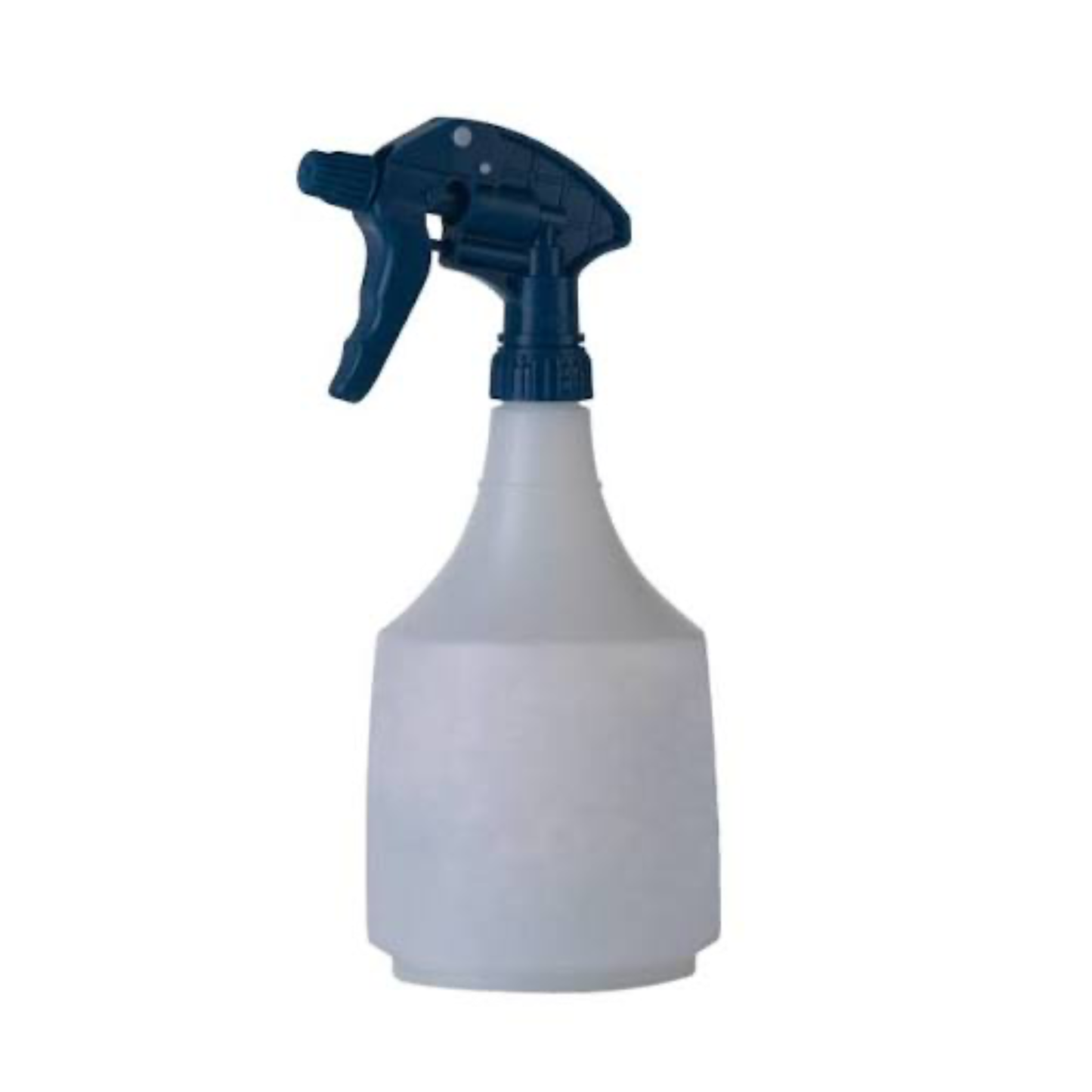 A translucent white plastic spray bottle with a dark blue trigger sprayer, isolated on a white background.