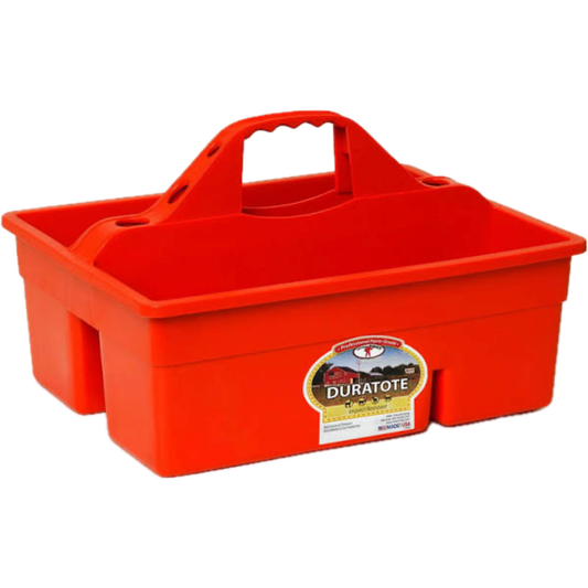 A bright red plastic garden caddy with a built-in handle, shown on a plain white background. A circular Little Giant brand label is visible on the front right side.