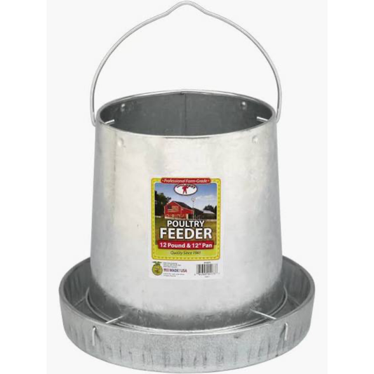 Metal poultry feeder with a label on a white background
