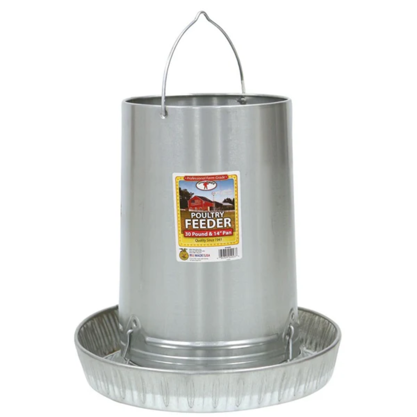 Metal poultry feeder with a label on a white background