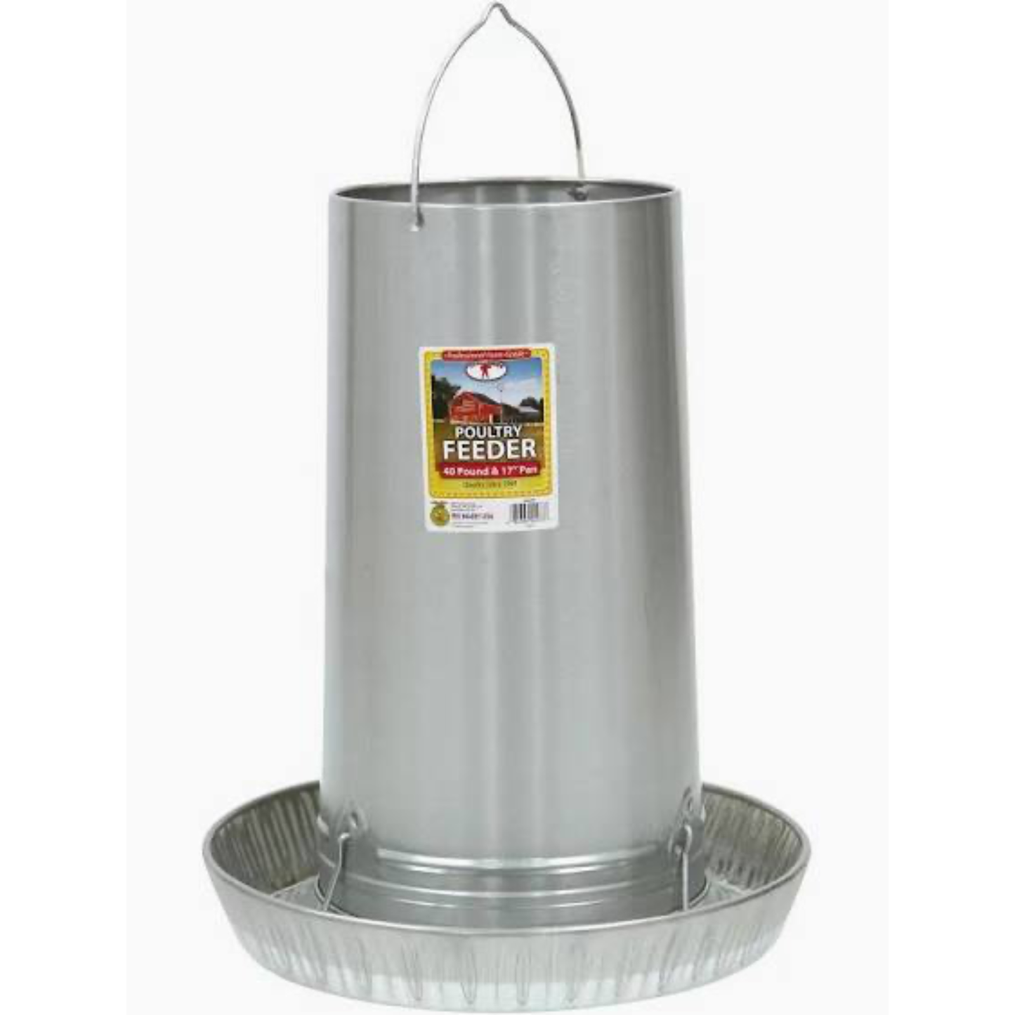 Metal poultry feeder with a label on a white background