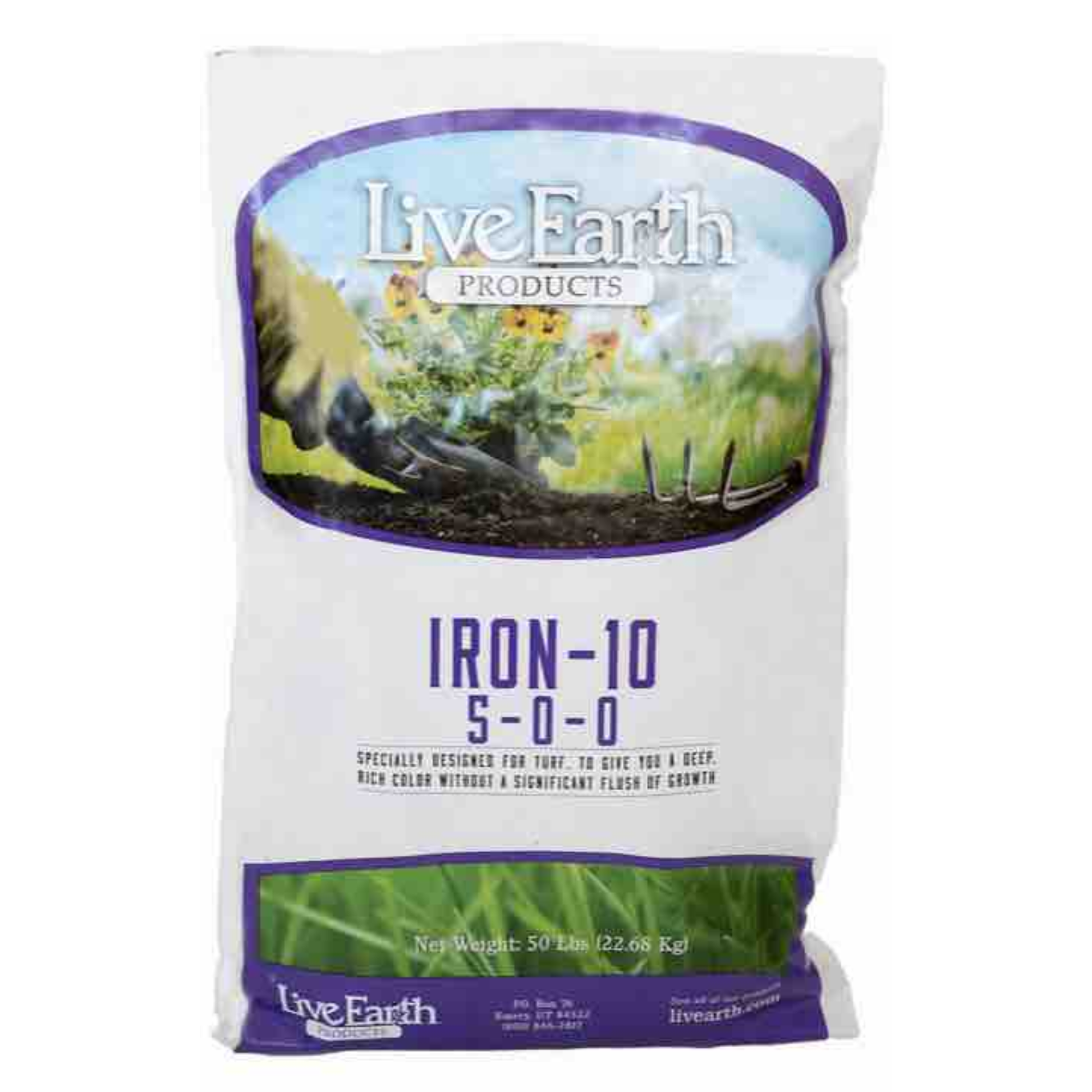 Bag of Live Earth Products Iron-10 fertilizer on a white background
