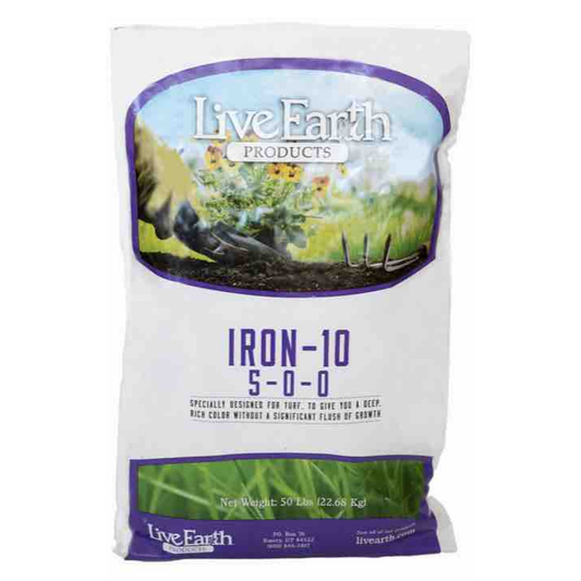Bag of Live Earth Products Iron-10 fertilizer on a white background