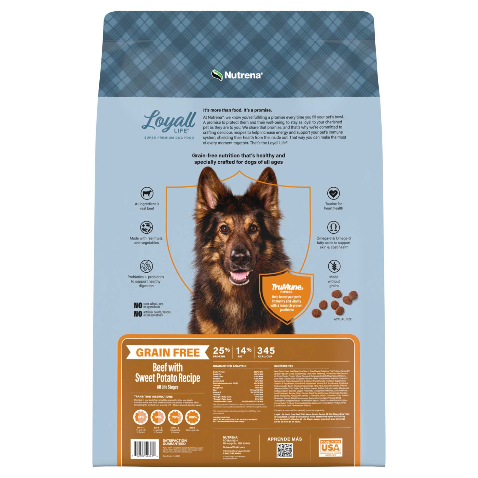 Nutrena Loyall Life dog food package with a dog on the label
