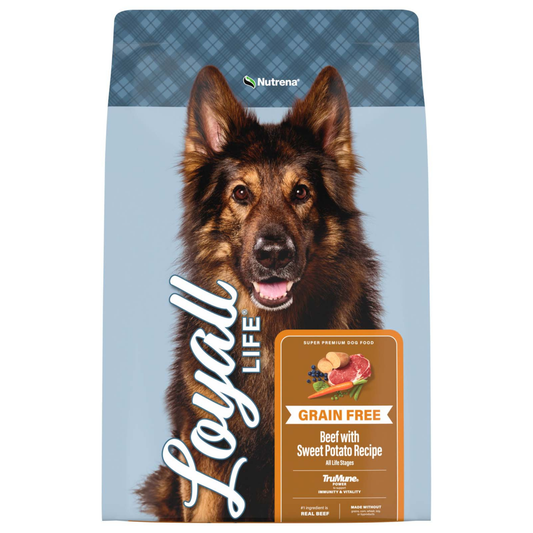 Dog food package with a German Shepherd on the label, featuring the brand 'Loyal Life' and 'Nutrena'.