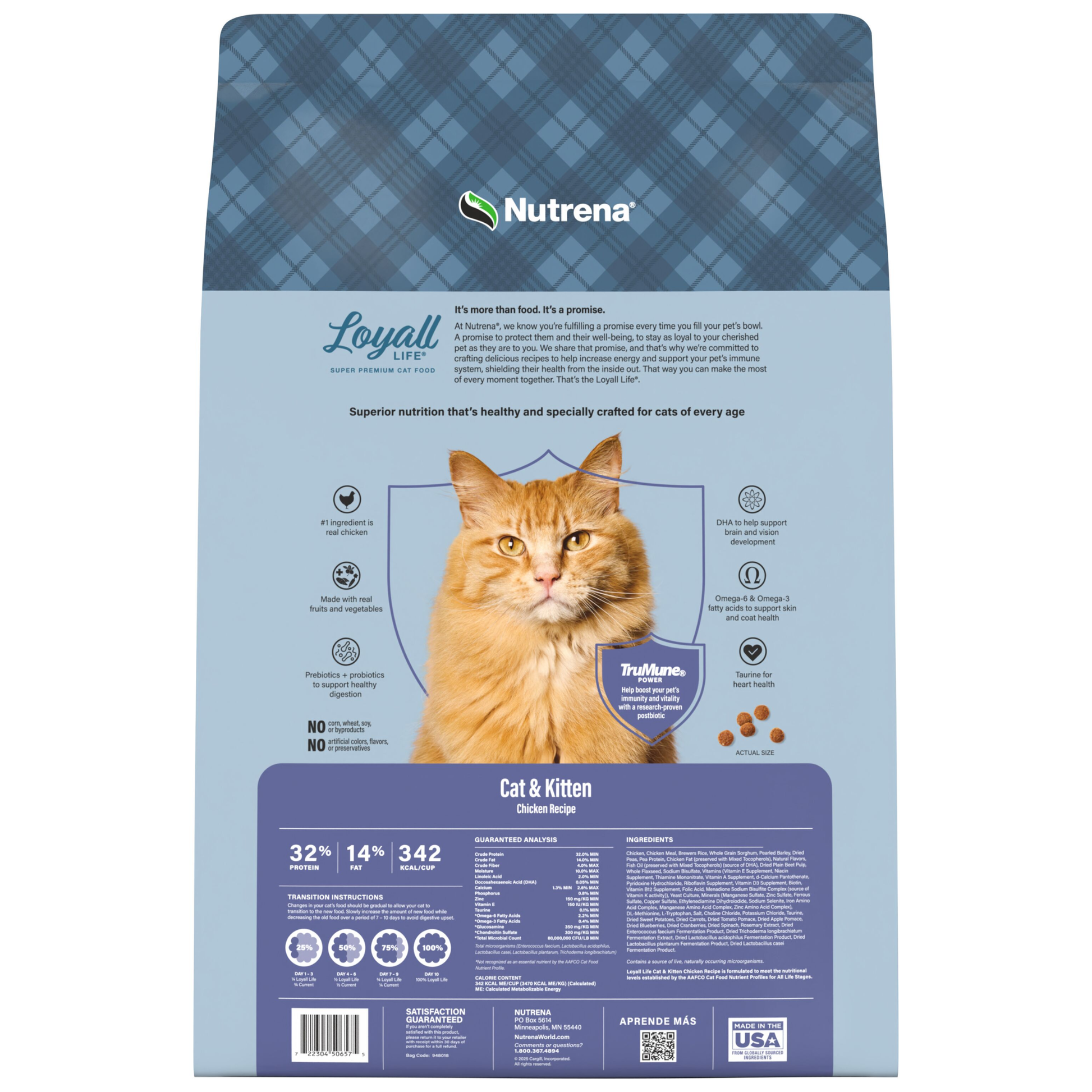 Nutrena cat food package with a blue plaid pattern and an orange cat on a light blue background.