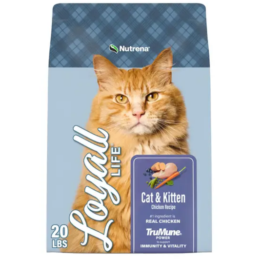Loyall Life Cat & Kitten Chicken Recipe cat food package with a cat on the front.