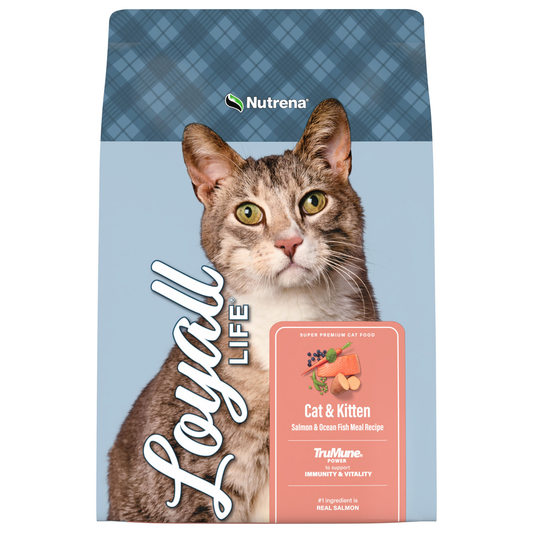 Nutrena Loyal Life cat food package with a cat on a blue plaid background
