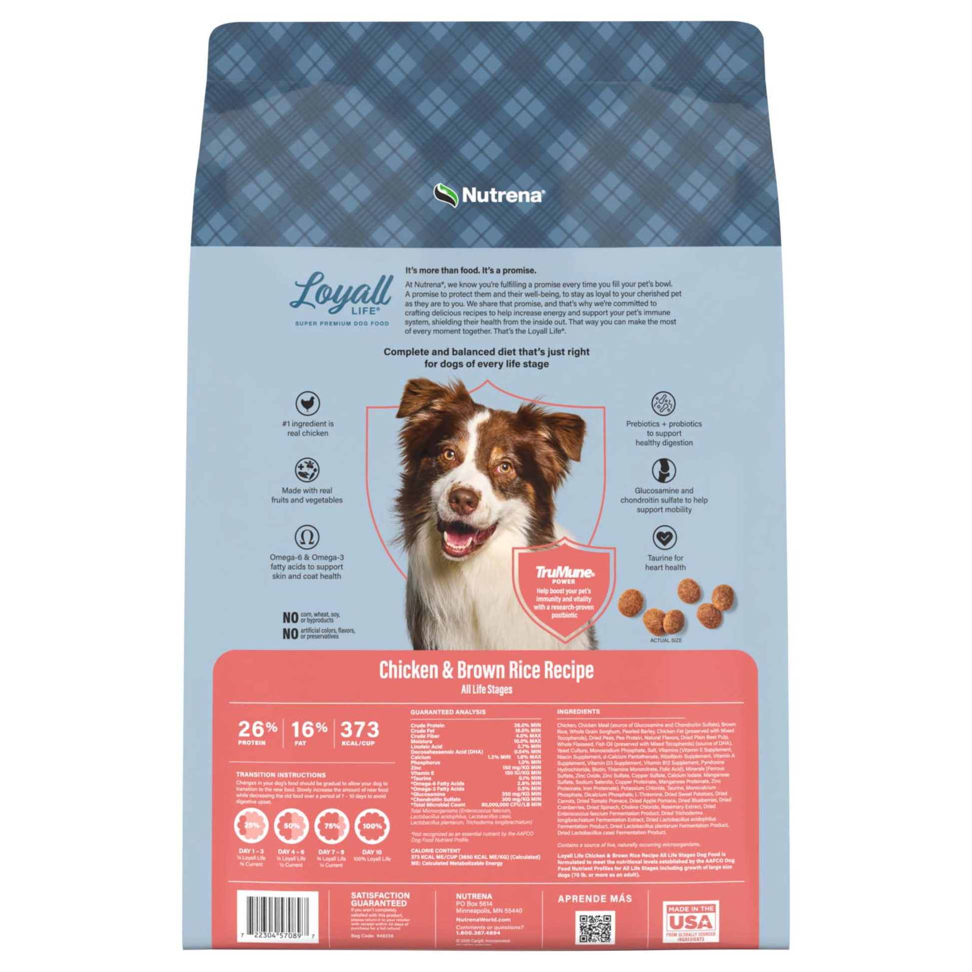 Dog food package with Nutrena branding and a blue and pink design featuring a dog.