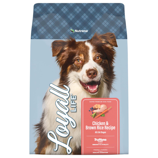 Dog food package with a dog on the front, featuring the brand 'Loyal Life' and 'Nutrena'.