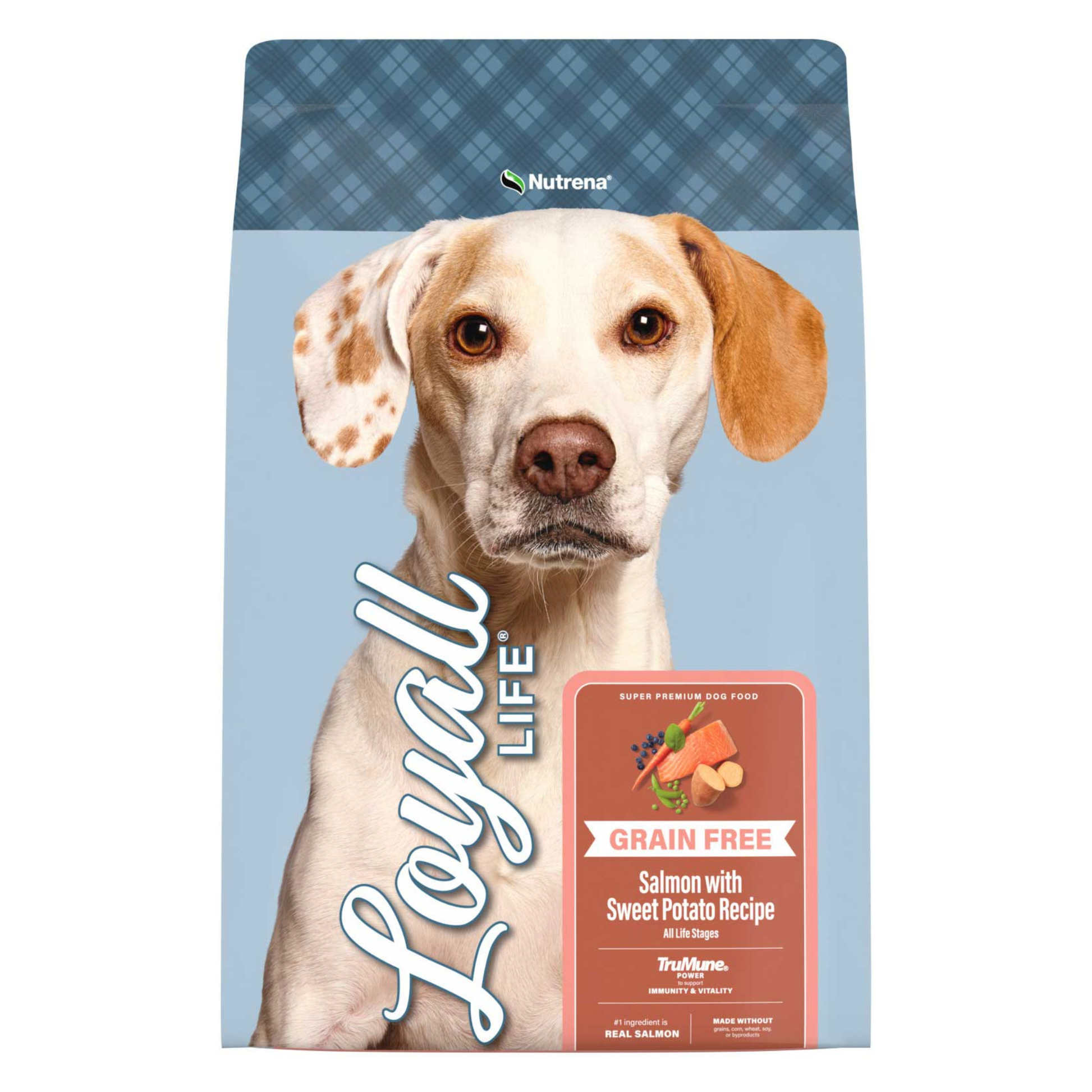 Dog food package with a dog's face on the label, featuring the brand 'Loyal Life' and 'Nutrena'.