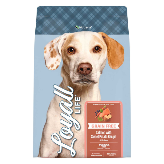 Dog food package with a dog's face on the label, featuring the brand 'Loyal Life' and 'Nutrena'.