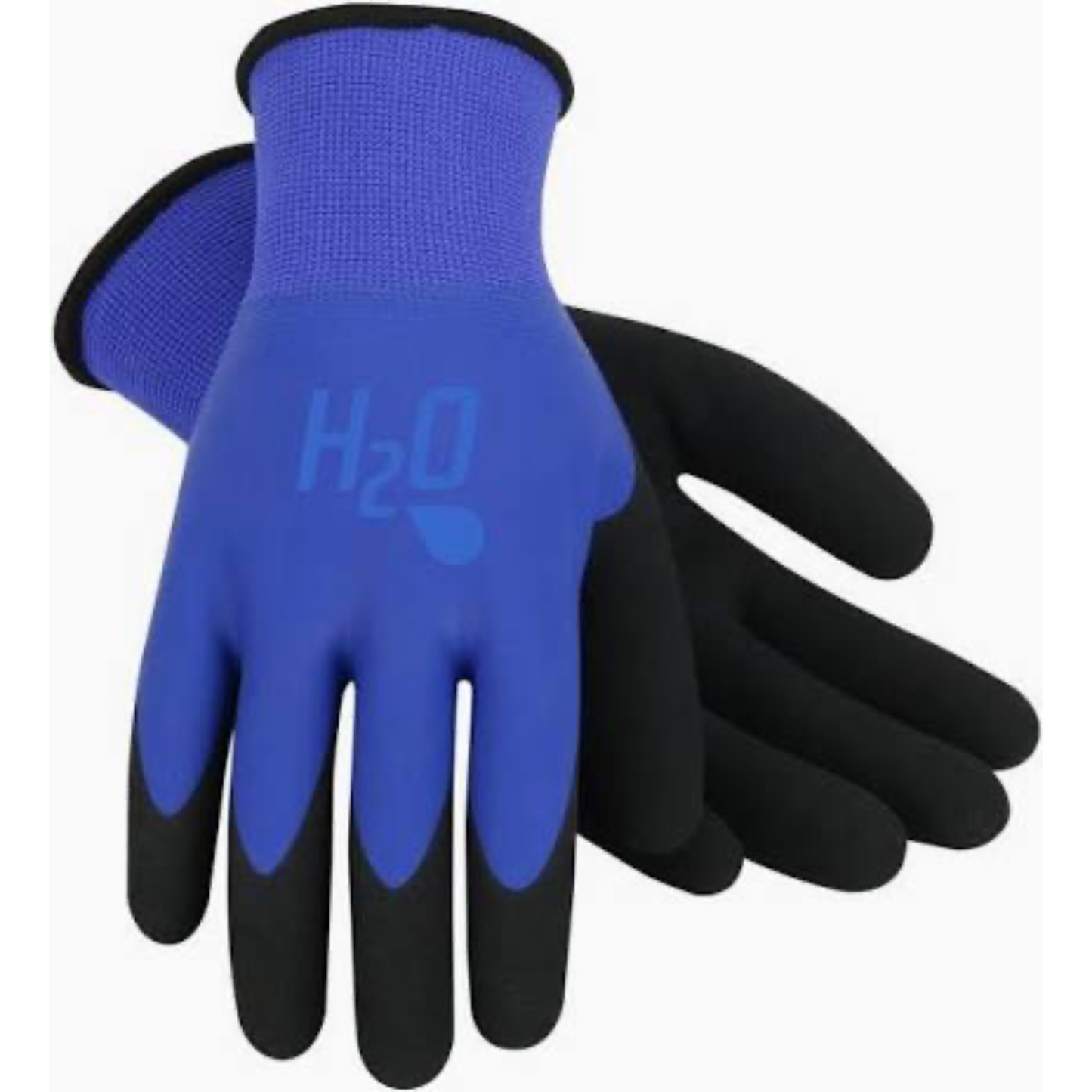 Pair of blue and black gloves with 'H2O' branding on a white background