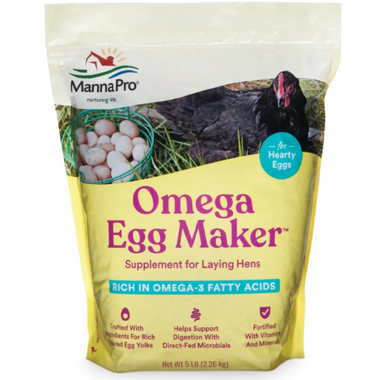 MannaPro Omega Egg Maker supplement package for laying hens on a white background