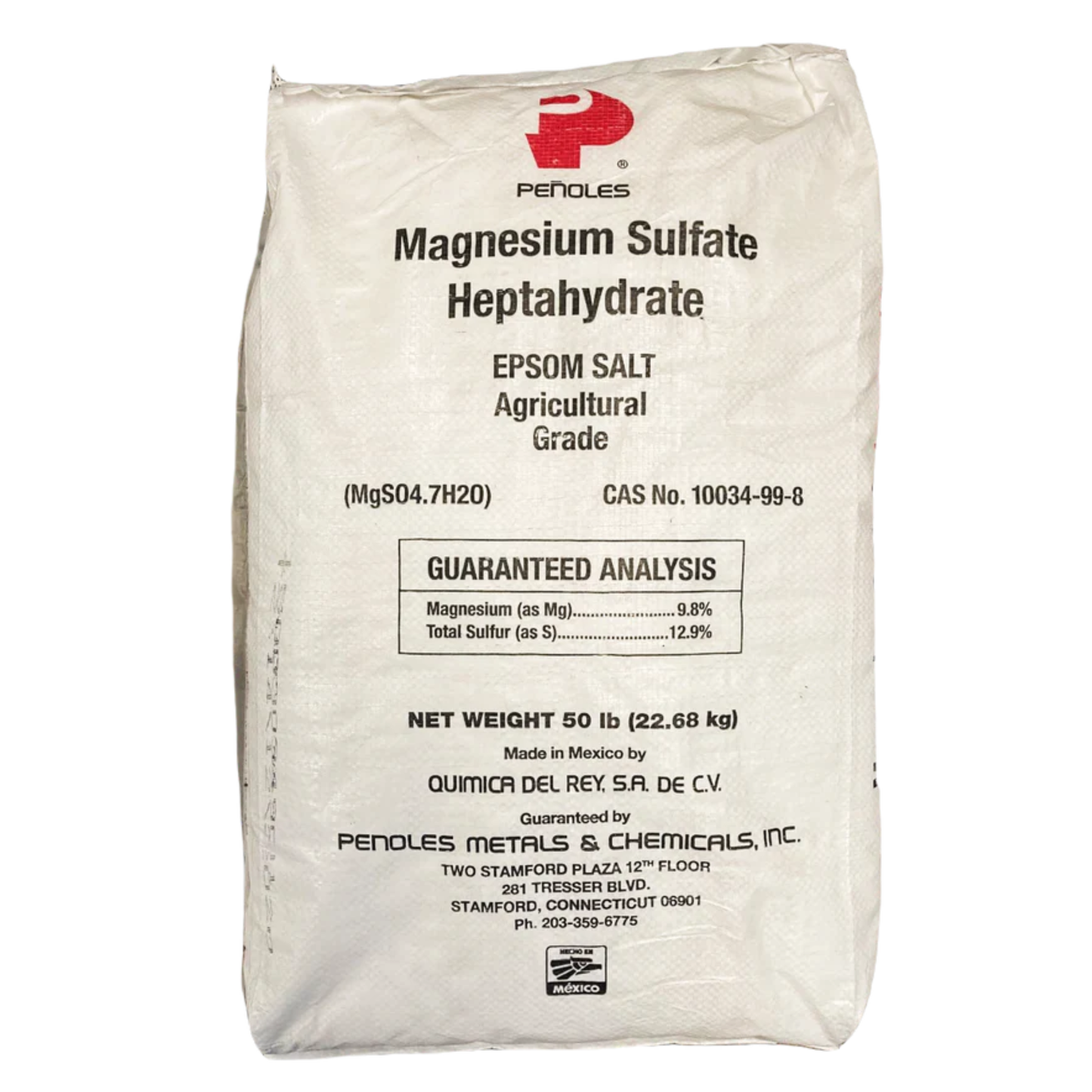 Bag of magnesium sulfate heptahydrate with Penoles branding on a white background
