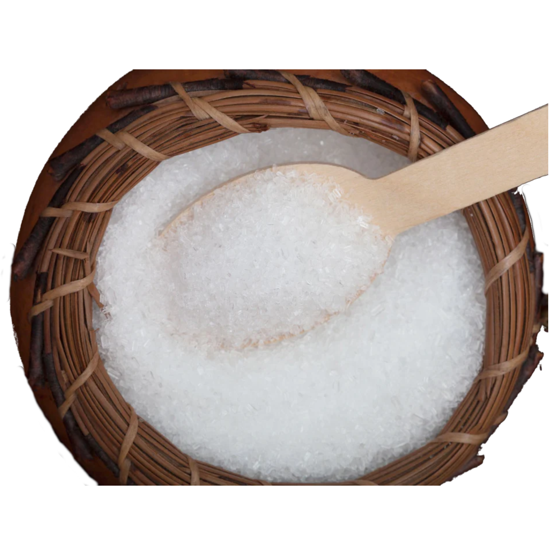 Wooden bowl with Epsom salts and a wooden spoon on a white background