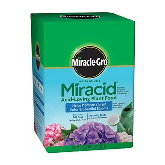 Box of Miracle-Gro Miracid Acid-Loving Plant Food with floral images on a white background