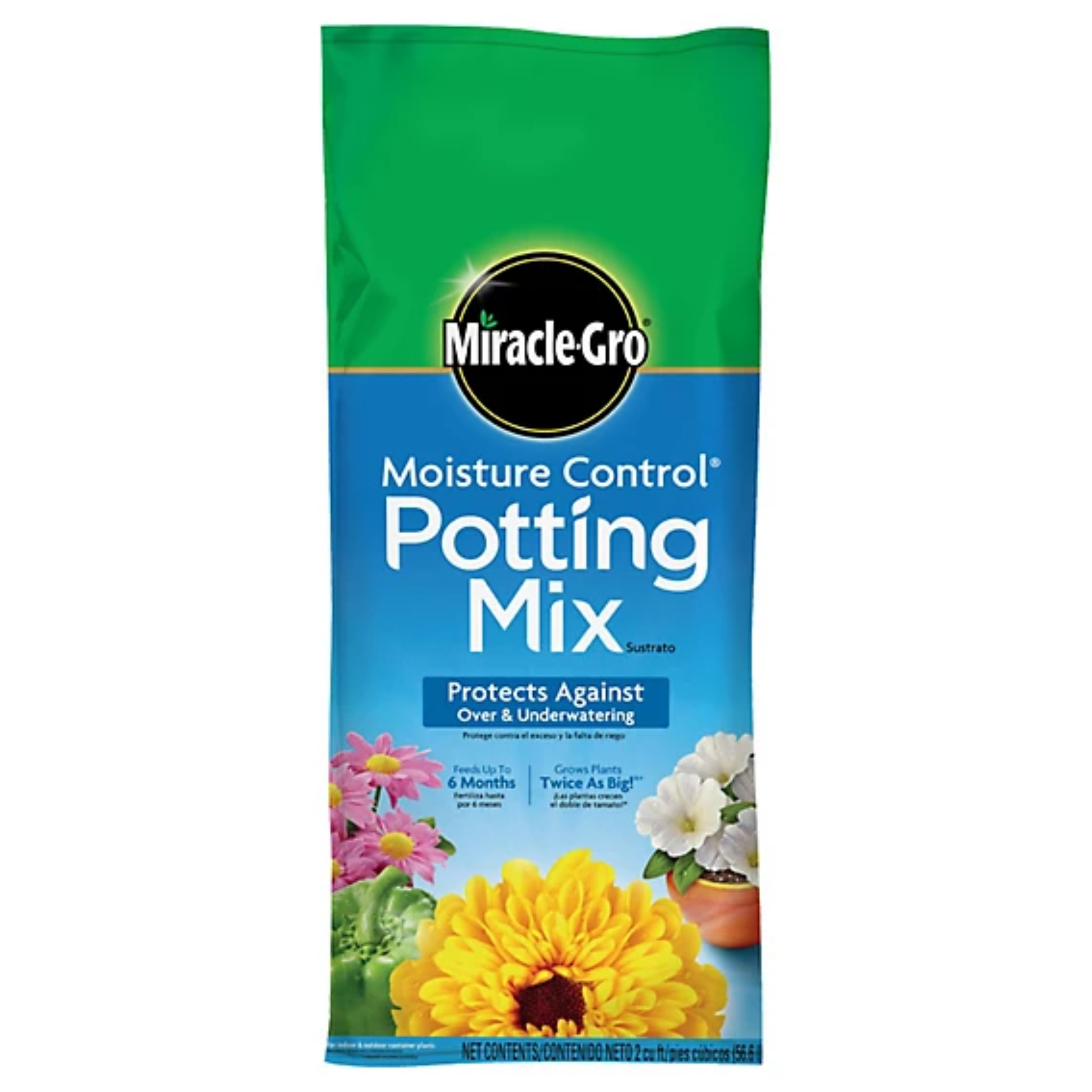 Bag of Miracle-Gro Moisture Control Potting Mix with floral images on a white background