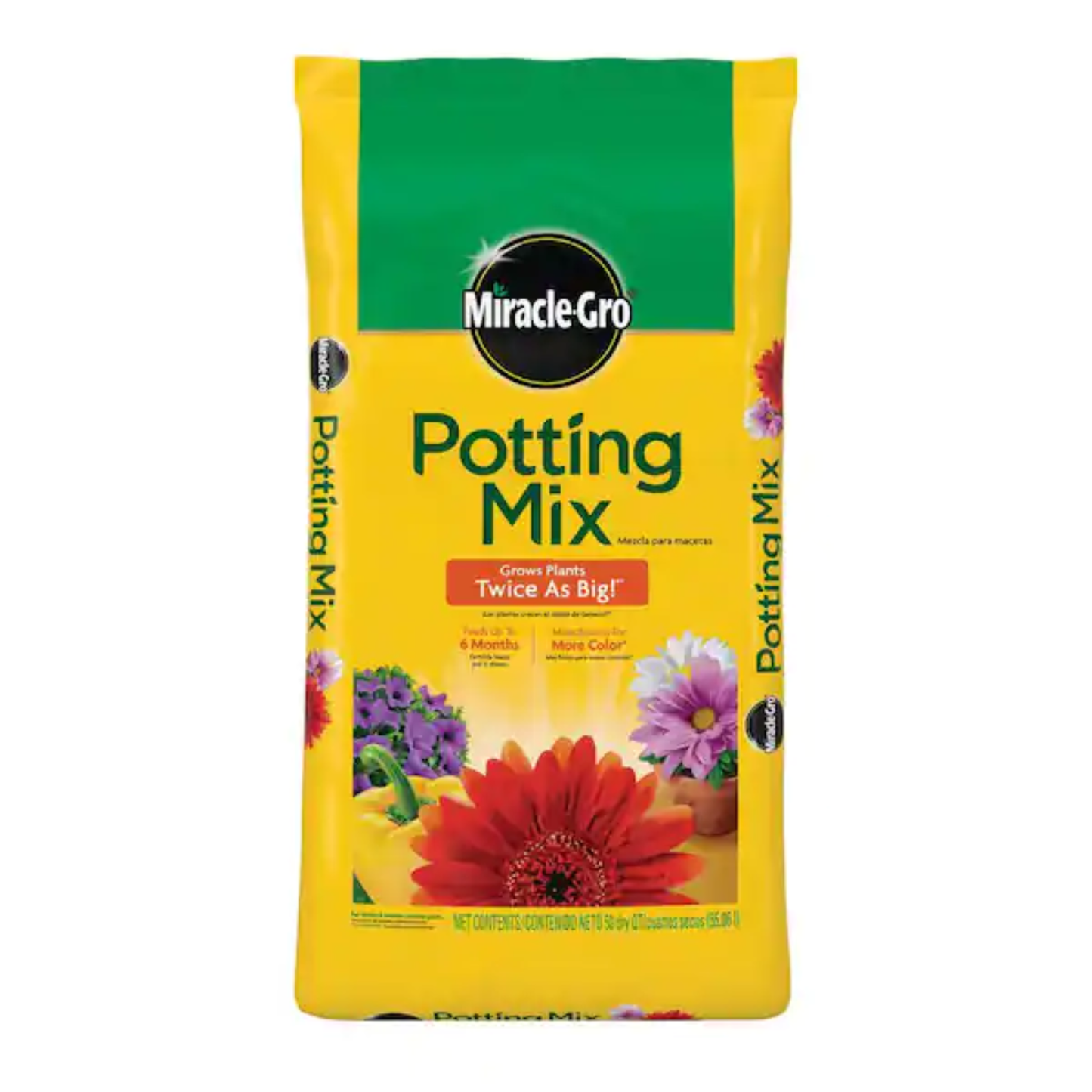 Bag of Miracle-Gro potting mix with colorful flowers on a white background