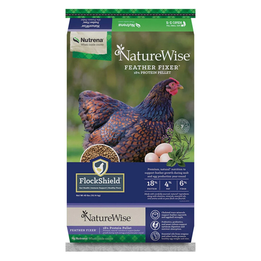 NatureWise Feather Fixer poultry feed package with a chicken on a white background